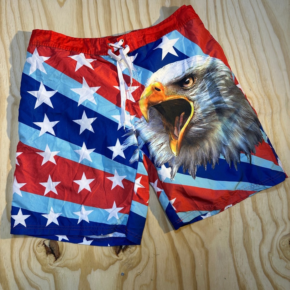 Spirit of America Men's Patriotic Bald Eagle Swim Trunks Red White Blue Stars XL